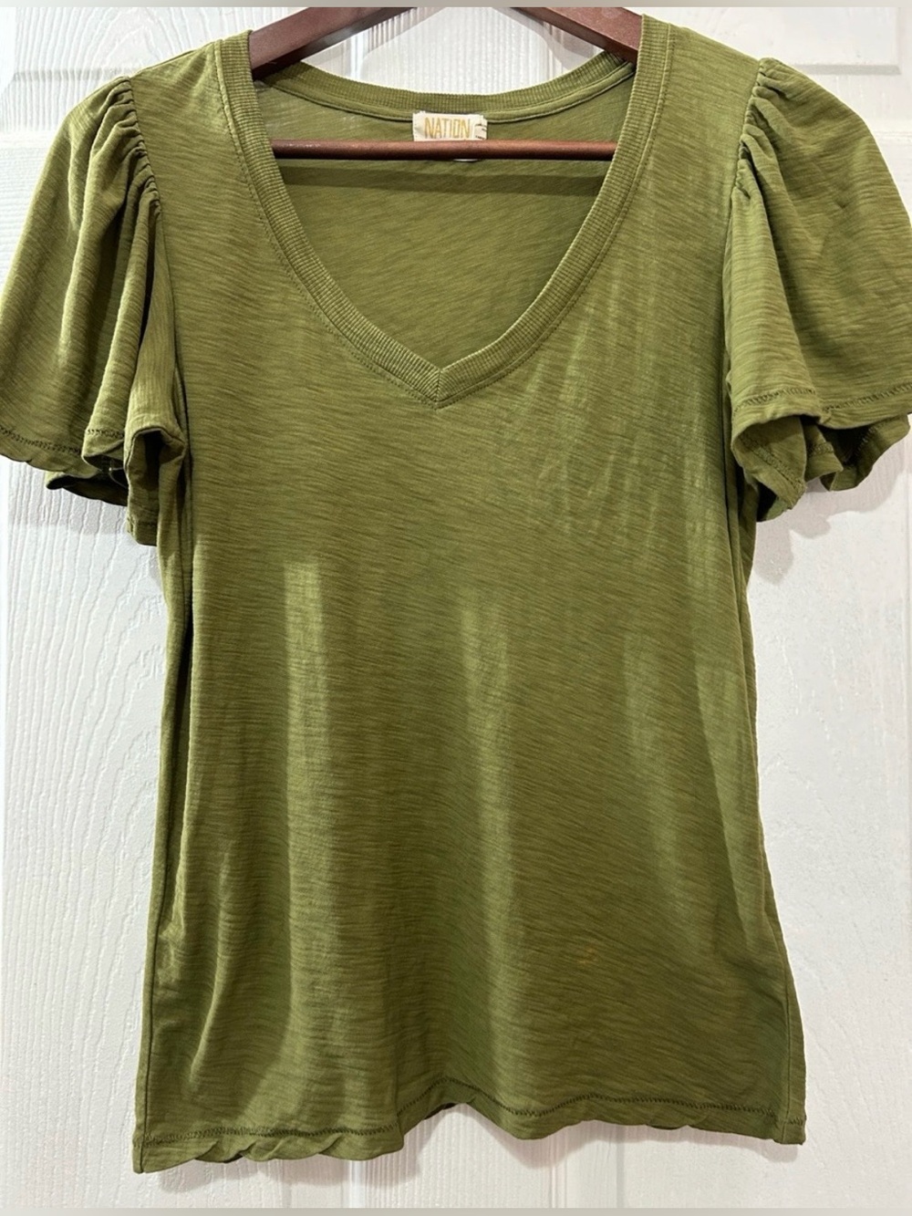 NATION LTD Olive Green Puff Sleeve V-Neck Tee Pima Cotton - Small